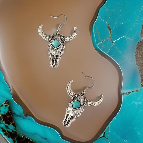 New Turquoise Bull‎ Steer Skull Dangle Earrings Western Cowboy Vintage Style - Picture 2 of 3